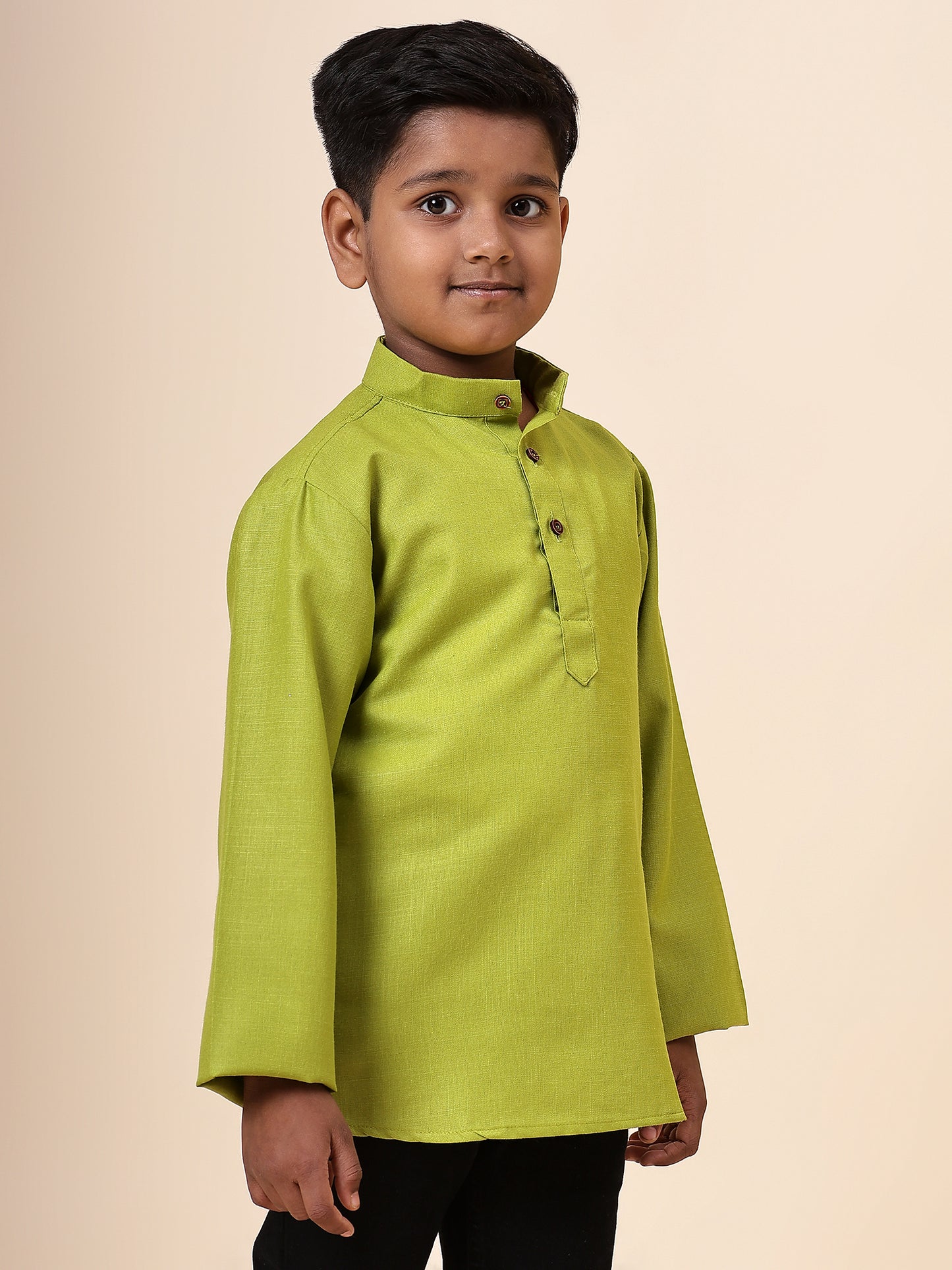 Karnam Junior - Boys Olive Green Cotton Short Kurta