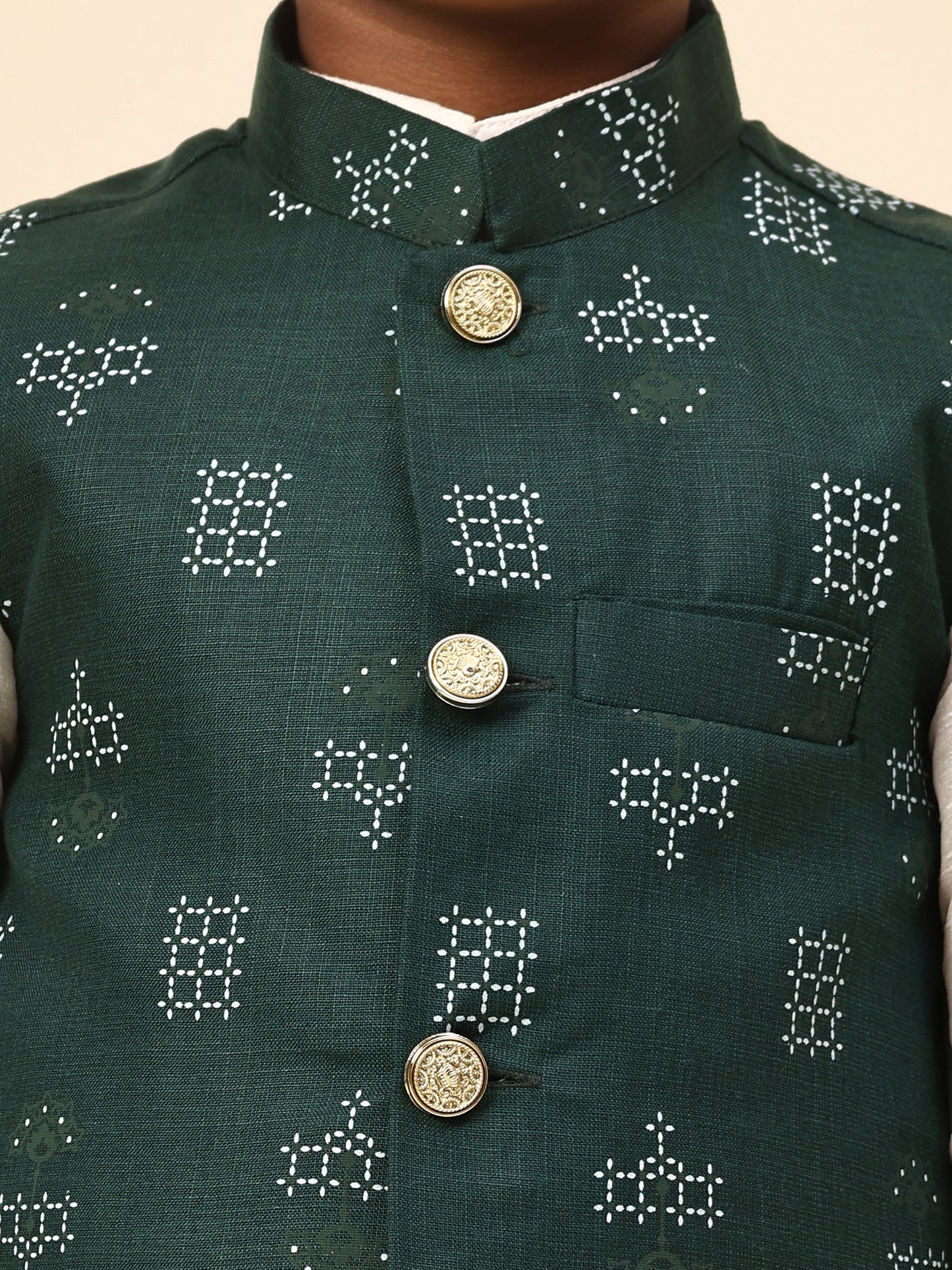Karnam Junior - Boys Bottle Green Square Printed Jacket Set