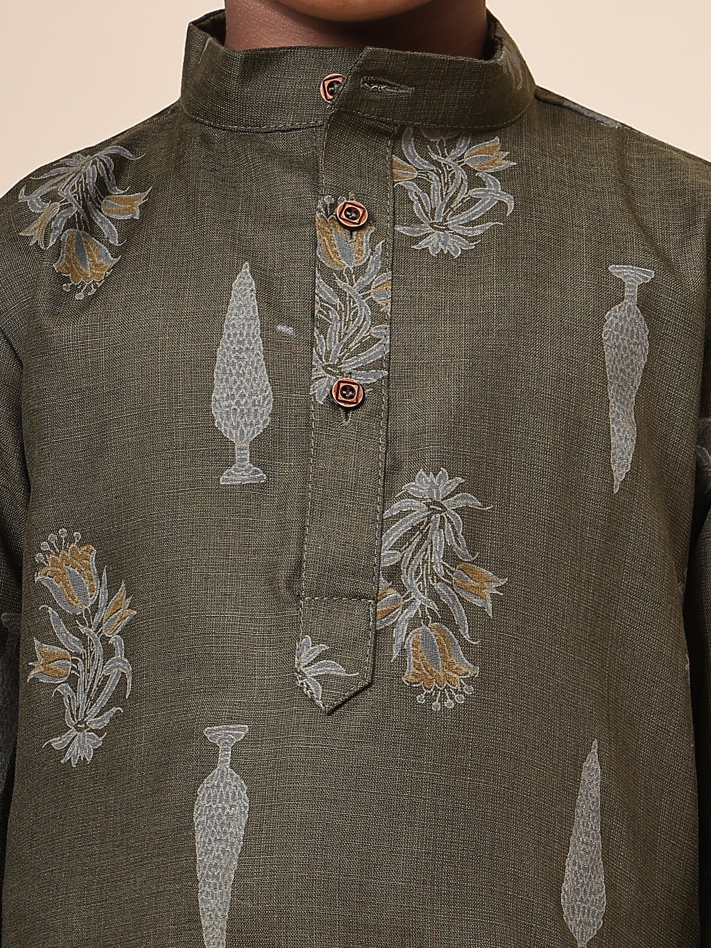 Karnam Junior - Boys Olive Green Foliage Cotton Short Kurta
