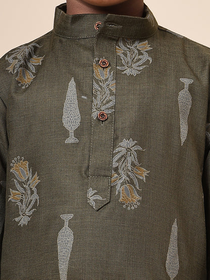 Karnam Junior - Boys Olive Green Foliage Cotton Short Kurta