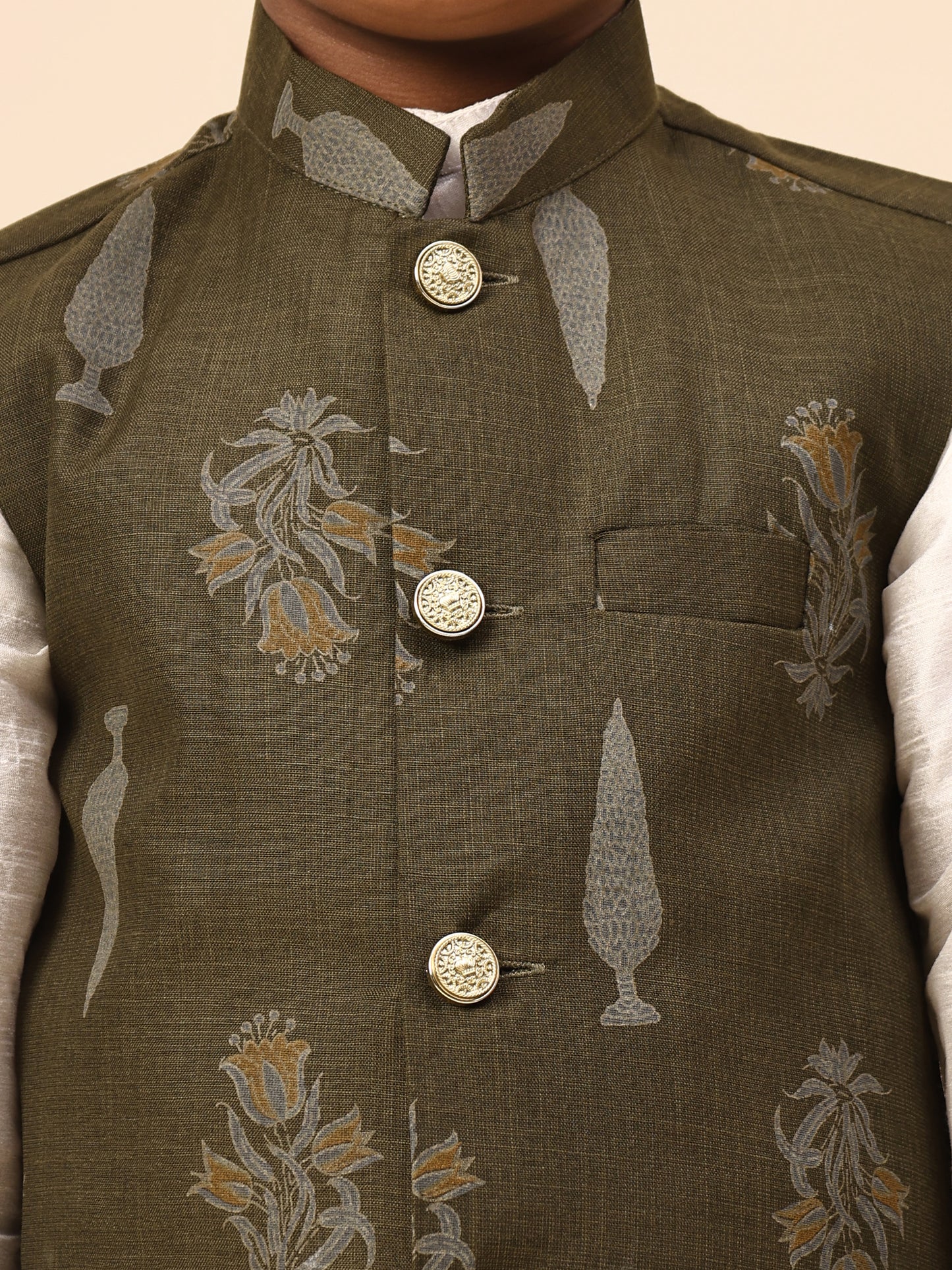 Karnam Junior - Boys Olive Green Foliage Printed Jacket Set