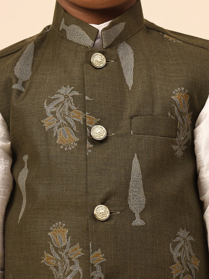 Karnam Junior - Boys Olive Green Foliage Printed Jacket Set