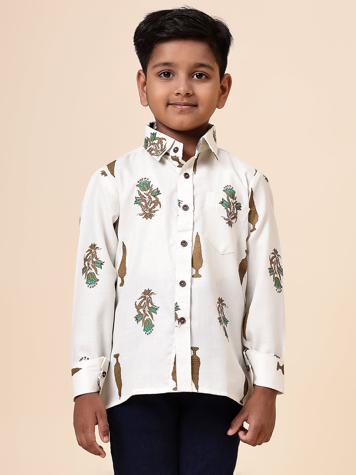 Karnam Junior - Boys Cream Foliage Printed Cotton Shirt