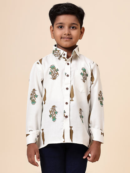 Karnam Junior - Boys Cream Foliage Printed Cotton Shirt