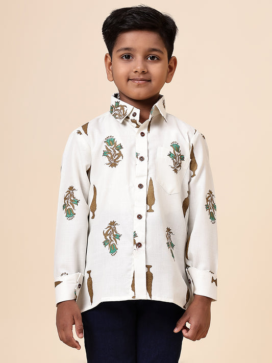 Karnam Junior - Boys Cream Foliage Printed Cotton Shirt