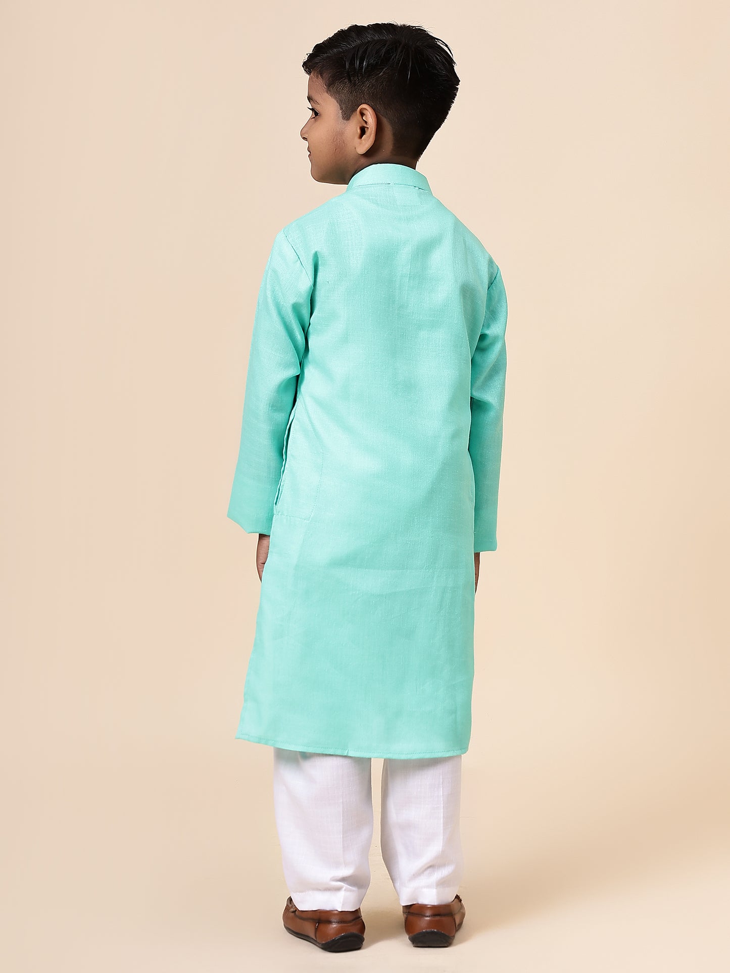 Karnam Junior - Boys Turquoise Blue Cotton Kurta Set