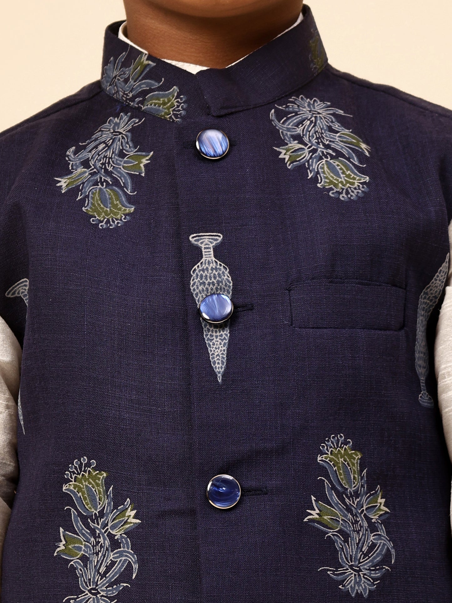 Karnam Junior - Boys Navy Blue Foliage Printed Jacket Set