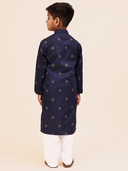 Karnam Junior - Boys Blue and Gold Printed Cotton Long Kurta Top