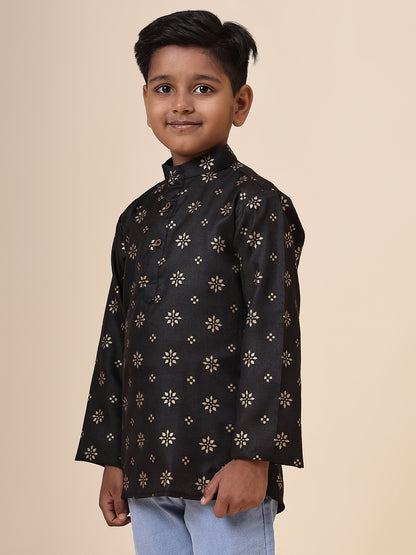 Karnam Junior - Boys Black and Gold Cotton Short Kurta