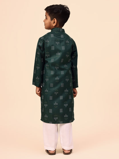 Karnam Junior - Boys Bottle Green Printed Cotton Long Kurta Top