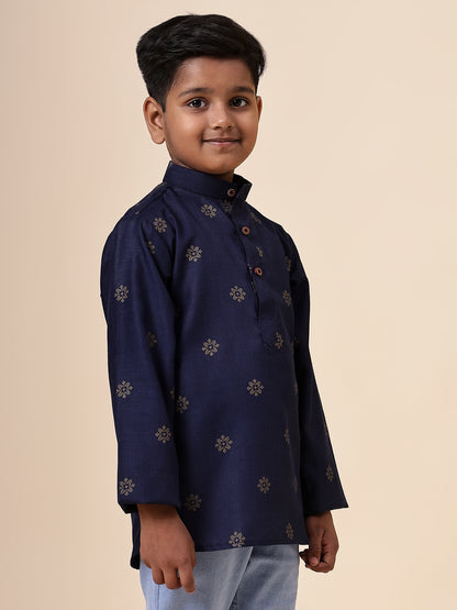 Karnam Junior - Boys Navy Blue and Gold Cotton Short Kurta