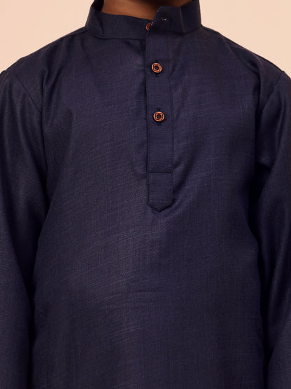 Karnam Junior - Boys Navy Blue Cotton Kurta Set