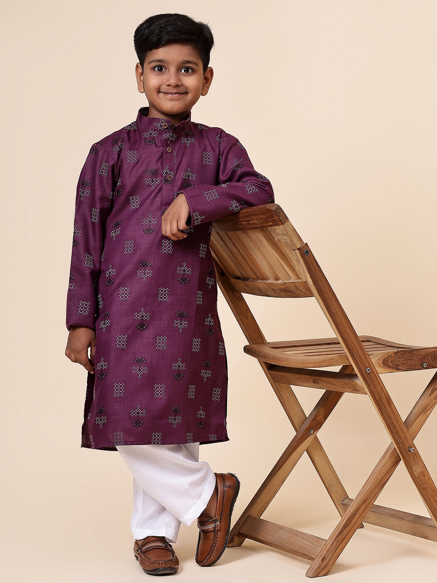 Karnam Junior - Boys Purple Square Printed Cotton Long Kurta Top