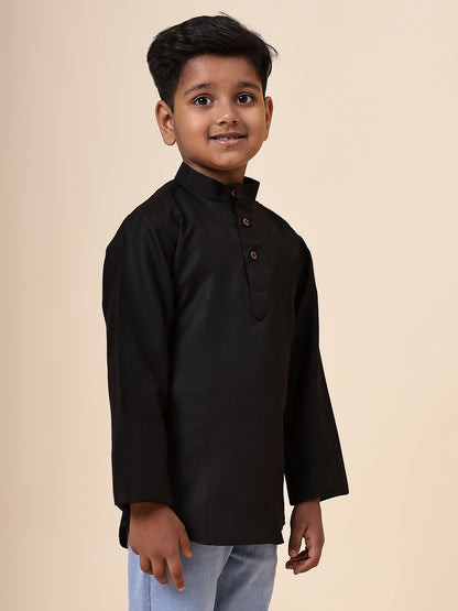 Karnam Junior - Boys Black Cotton Short Kurta