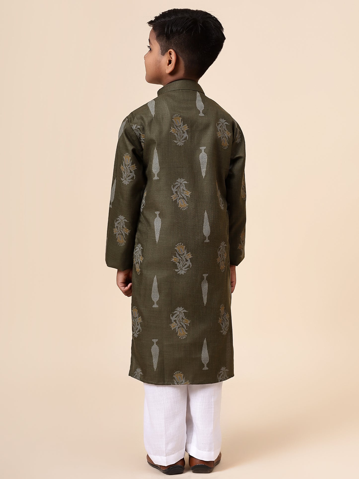 Karnam Junior - Boys Olive Green Foliage Printed Cotton Long Kurta Top