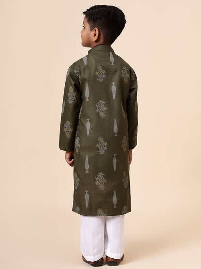 Karnam Junior - Boys Olive Green Foliage Printed Cotton Long Kurta Top