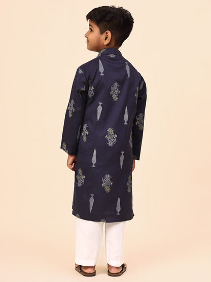 Karnam Junior - Boys Navy Blue Foliage Printed Cotton Long Kurta Top