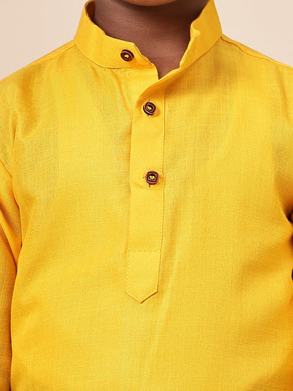 Karnam Junior - Boys Bright Yellow Cotton Short Kurta