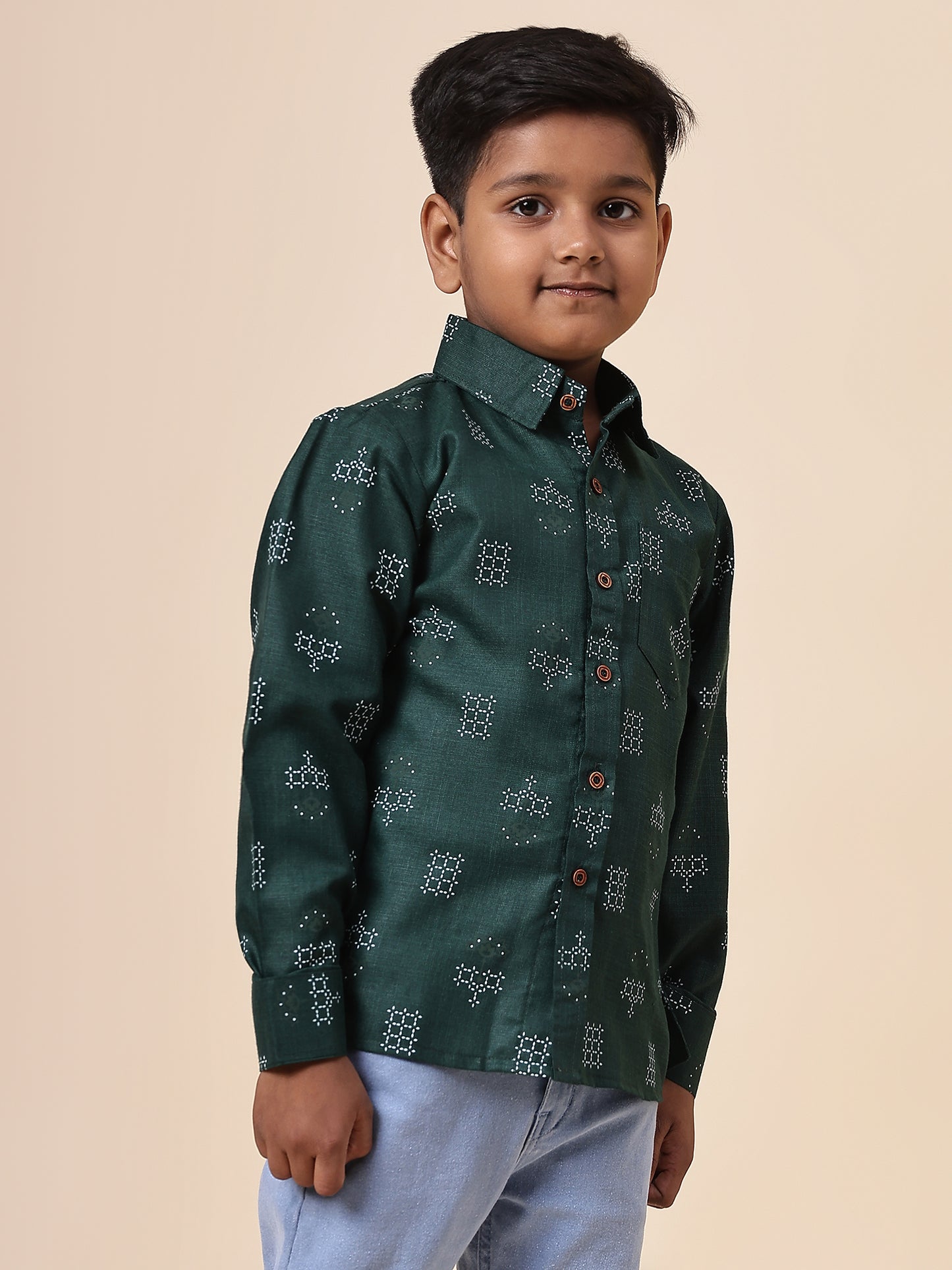 Karnam Junior - Boys Bottle Green Square Printed Cotton Shirt