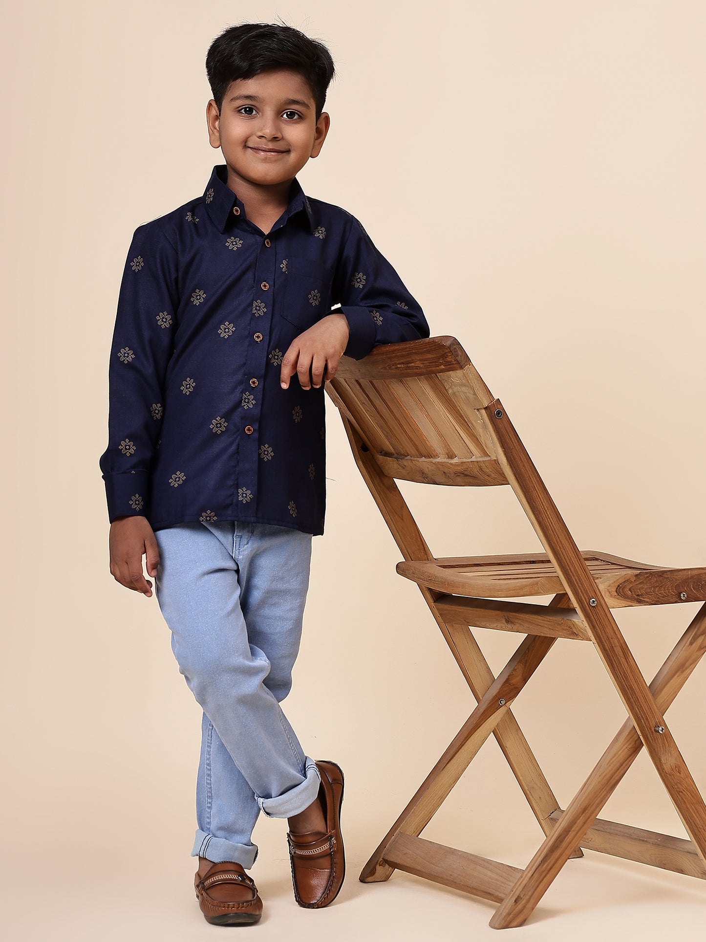 Karnam Junior - Boys Blue and Gold Cotton Shirt