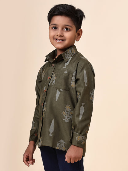 Karnam Junior - Boys Olive Green Foliage Printed Cotton Shirt