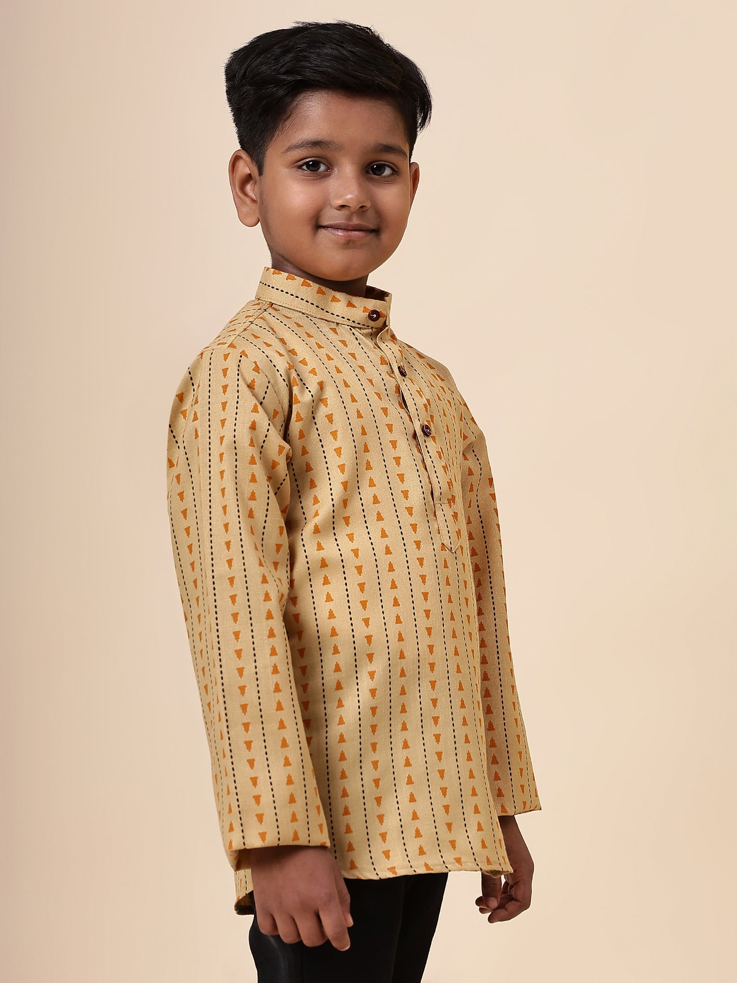 Karnam Junior - Boys Yellow Printed Cotton Short Kurta