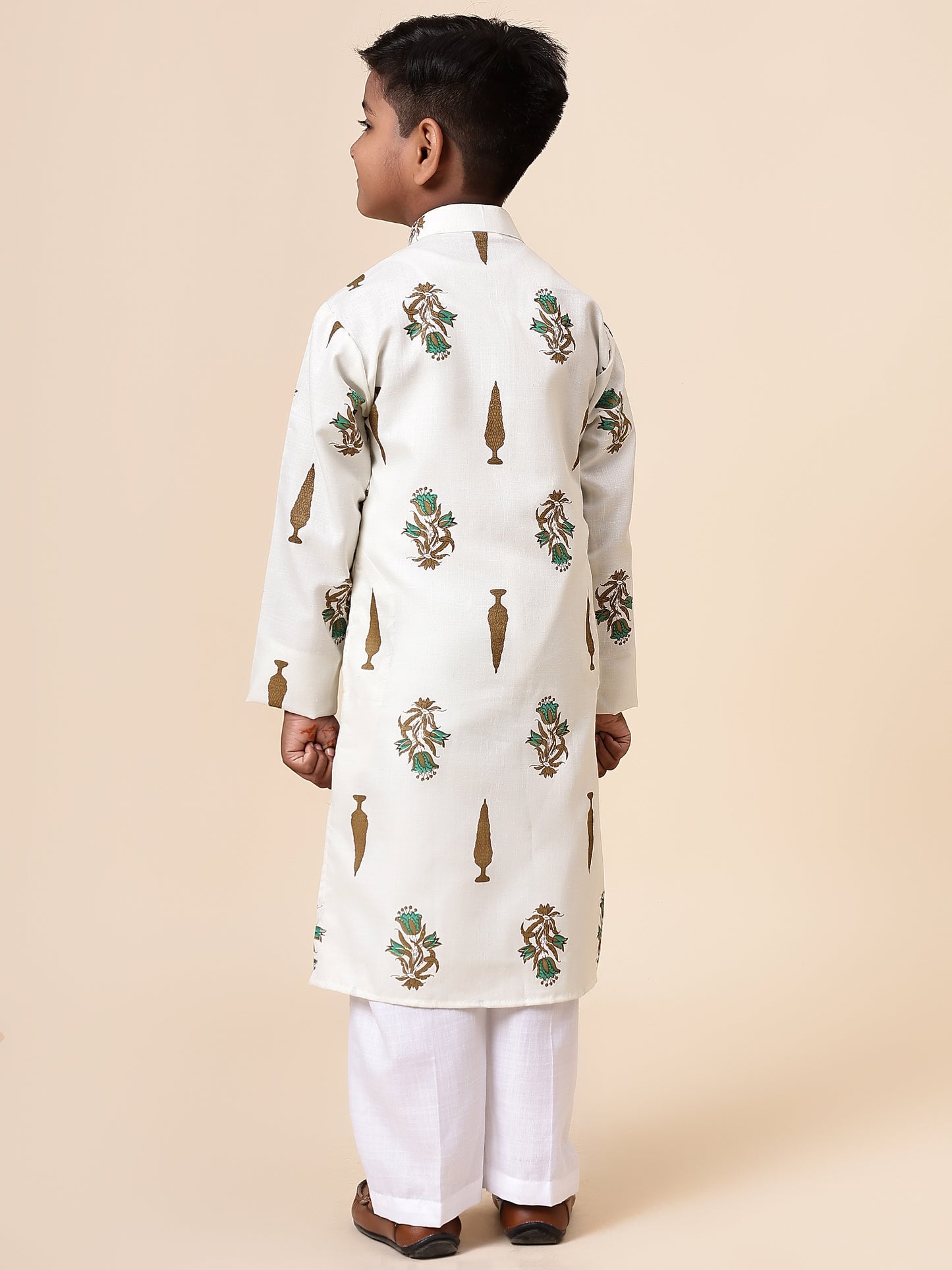Karnam Junior - Boys Cream Foliage Printed Cotton Long Kurta Top