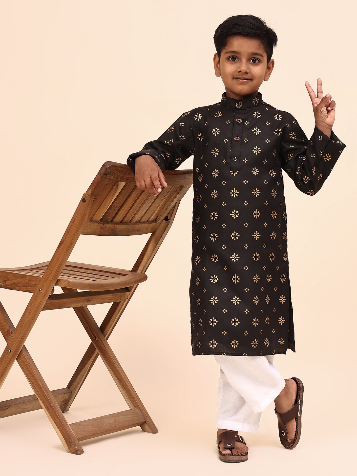 Karnam Junior - Boys' Black Kurta with Golden Print and White Pajama Set