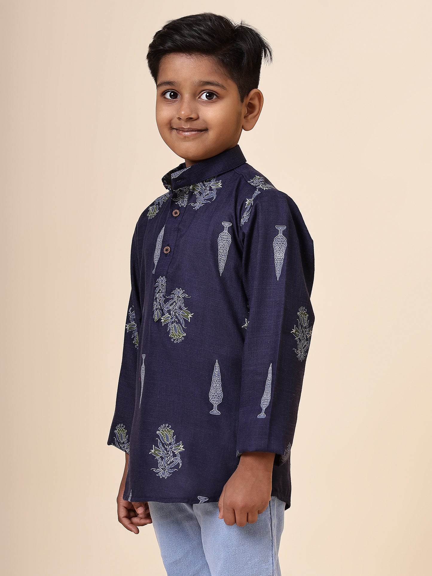 Karnam Junior - Boys Navy Blue Foliage Cotton Short Kurta