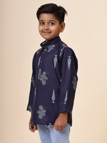 Karnam Junior - Boys Navy Blue Foliage Cotton Short Kurta