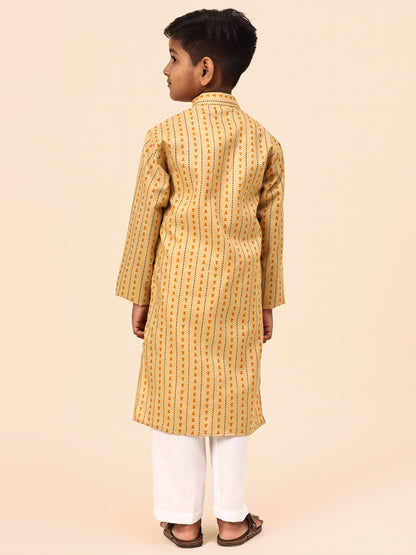 Karnam Junior - Boys Yellow Printed Cotton Long Kurta Top