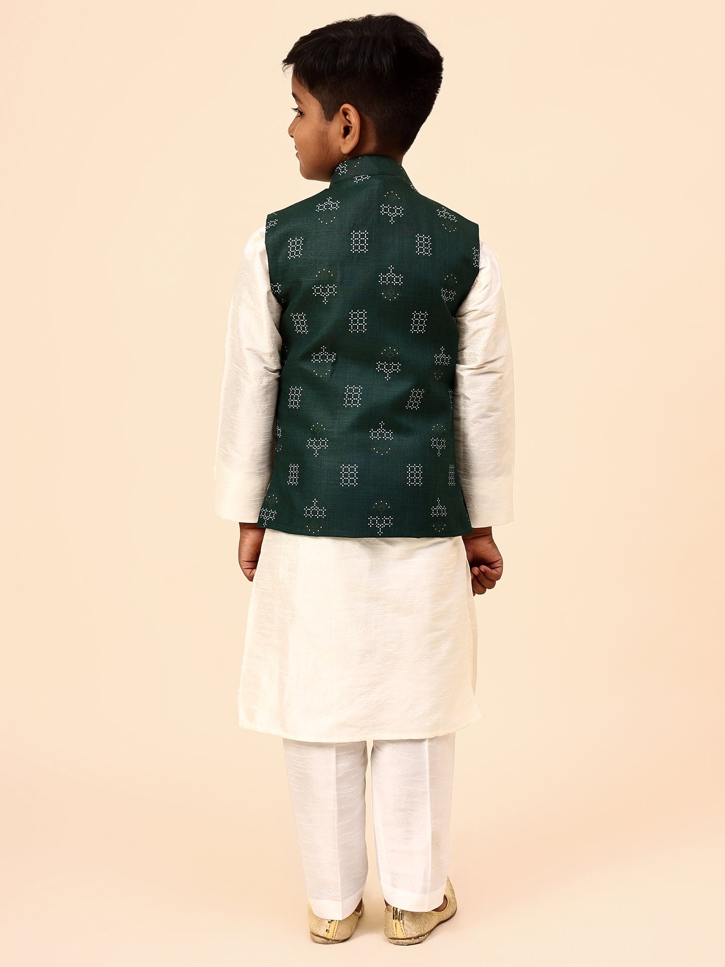 Karnam Junior - Boys Bottle Green Square Printed Jacket Set