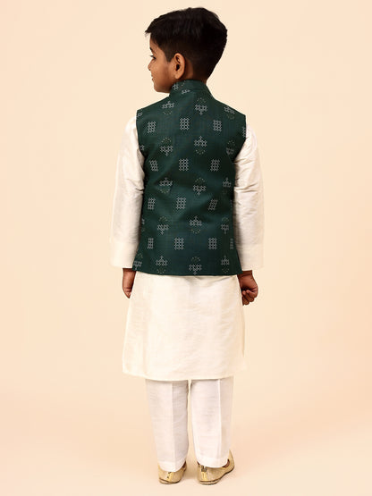 Karnam Junior - Boys Bottle Green Square Printed Jacket Set