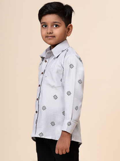 Karnam Junior - Boys Grey Printed Cotton Shirt