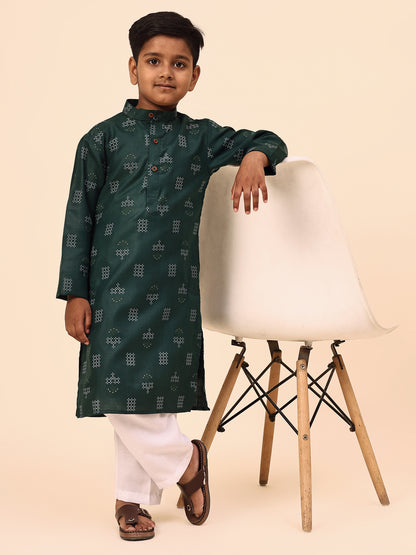 Karnam Junior - Boys Bottle Green Printed Cotton Long Kurta Top