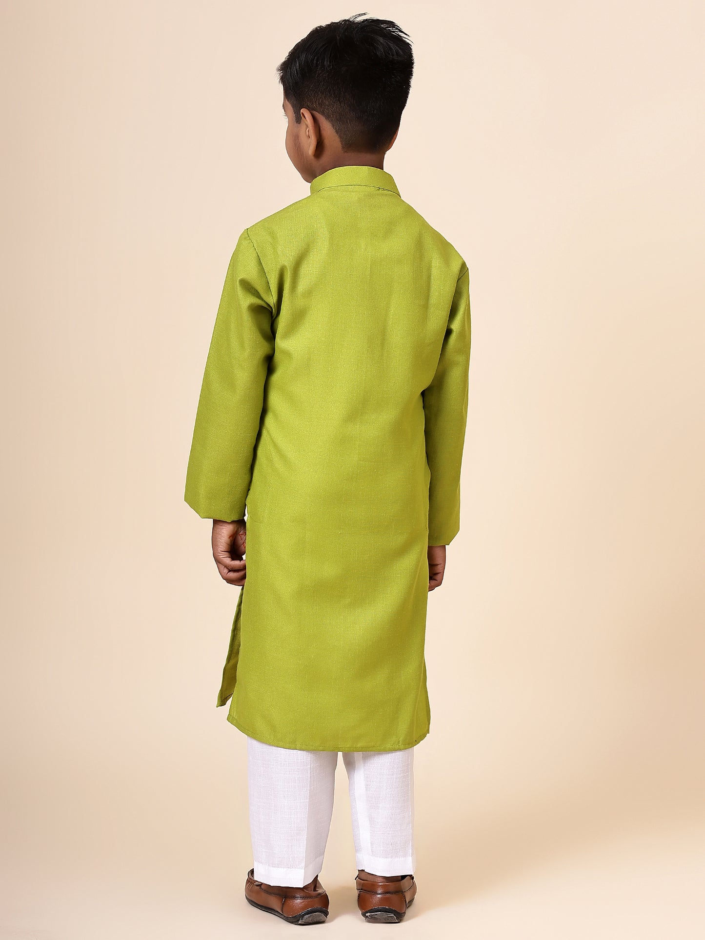 Karnam Junior - Boys Olive Green Cotton Kurta Set