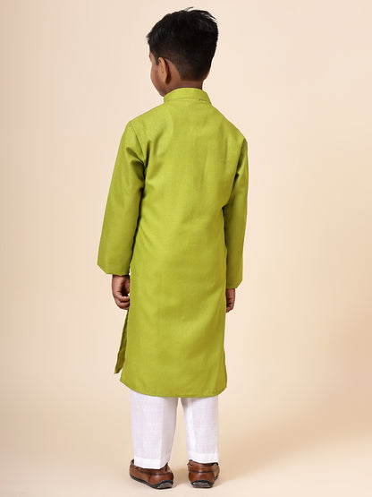 Karnam Junior - Boys Olive Green Cotton Kurta Set