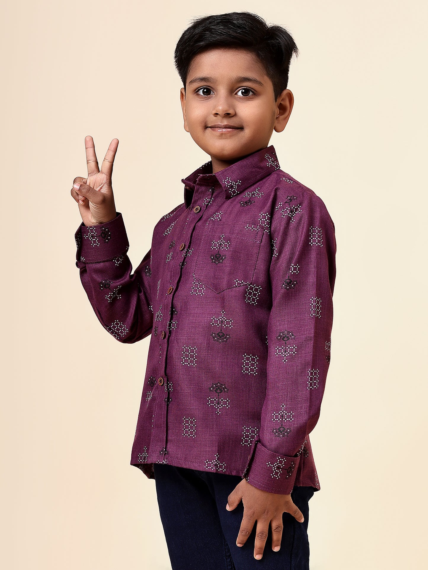 Karnam Junior - Boys Purple Square Printed Cotton Shirt