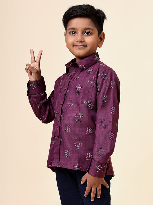 Karnam Junior - Boys Purple Square Printed Cotton Shirt