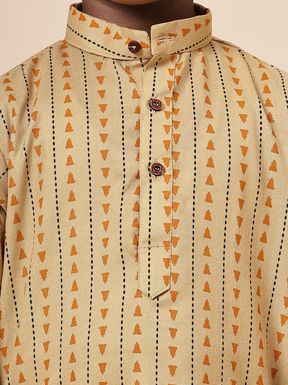 Karnam Junior - Boys Yellow Printed Cotton Short Kurta