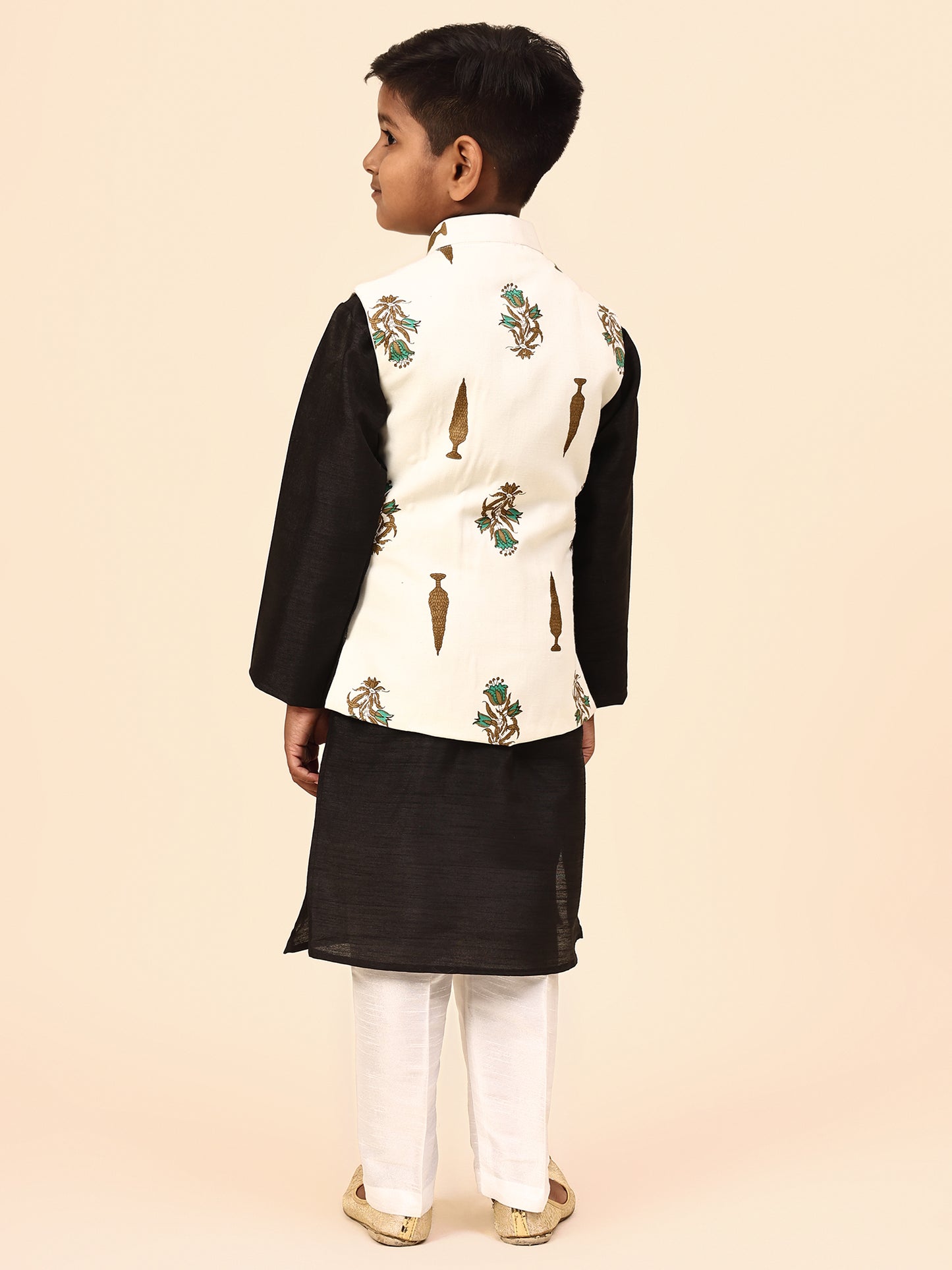 Karnam Junior - Boys Cream Foliage Printed Jacket Set