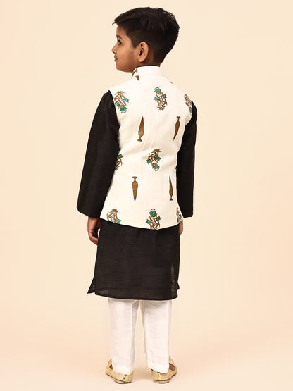 Karnam Junior - Boys Cream Foliage Printed Jacket Set