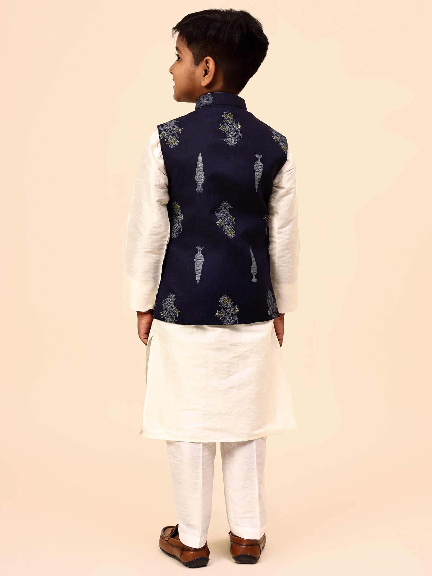 Karnam Junior - Boys Navy Blue Foliage Printed Jacket Set