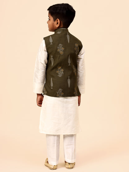 Karnam Junior - Boys Olive Green Foliage Printed Jacket Set