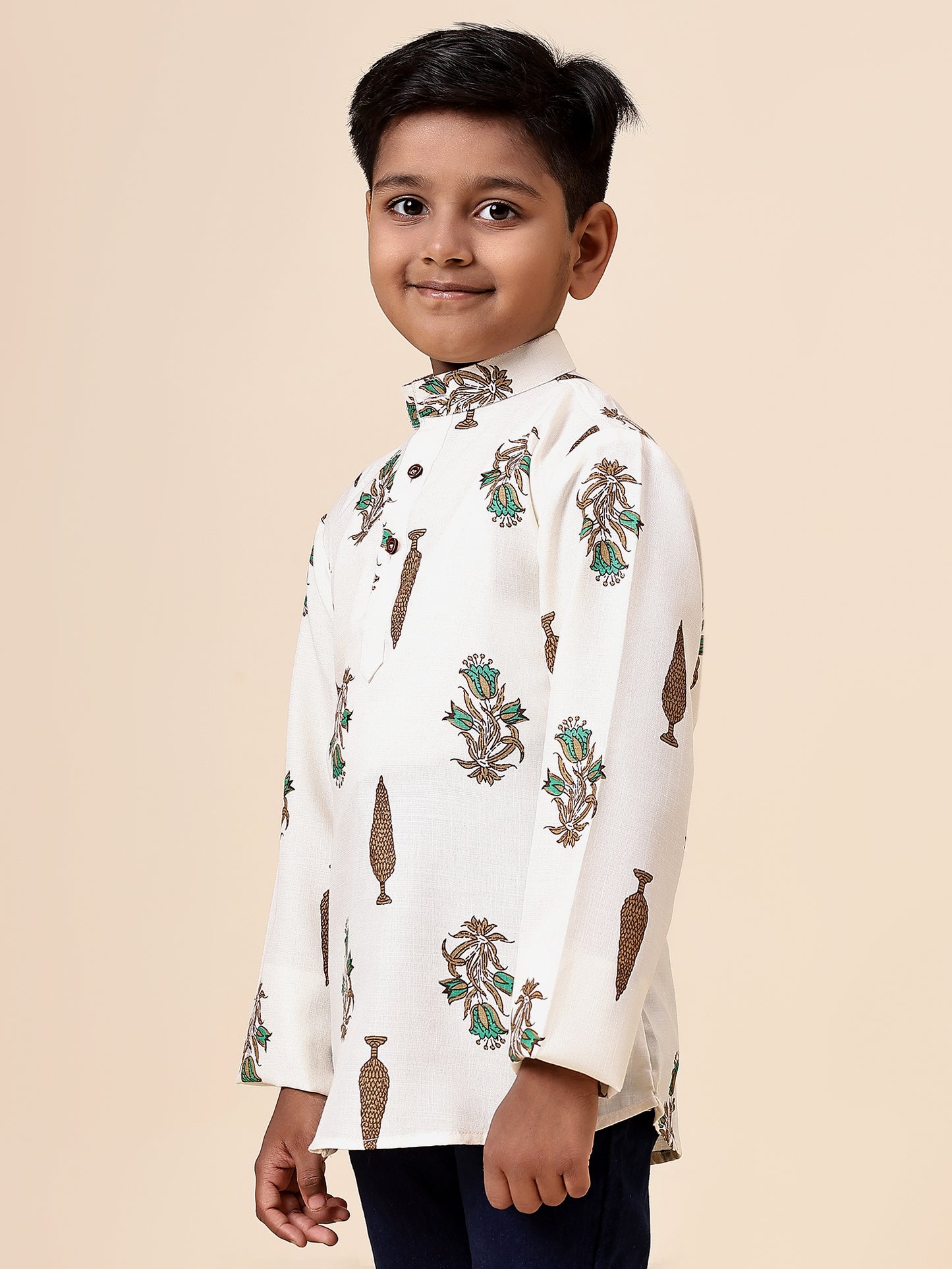 Karnam Junior - Boys Cream Foliage Cotton Short Kurta