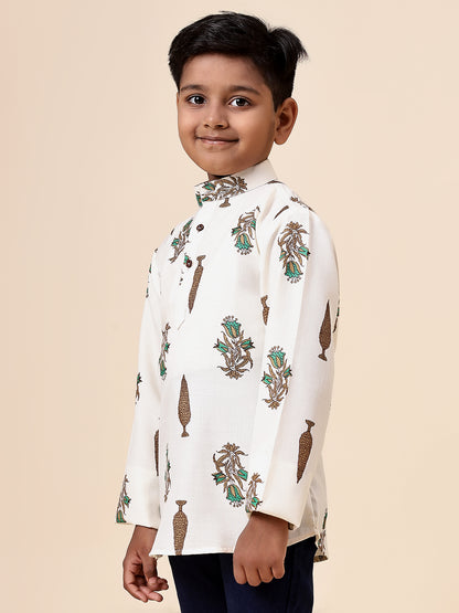 Karnam Junior - Boys Cream Foliage Cotton Short Kurta