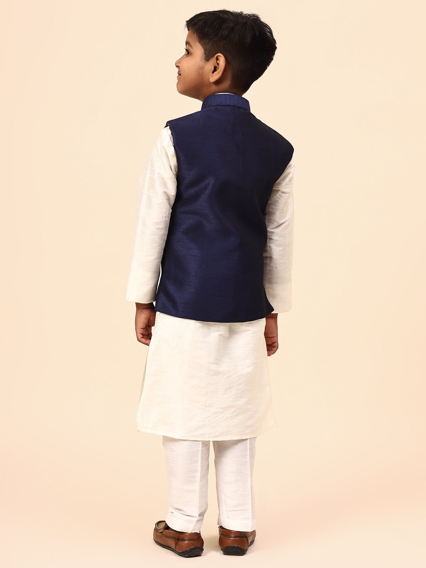 Karnam Junior - Boys Navy Blue Silk Jacket Set