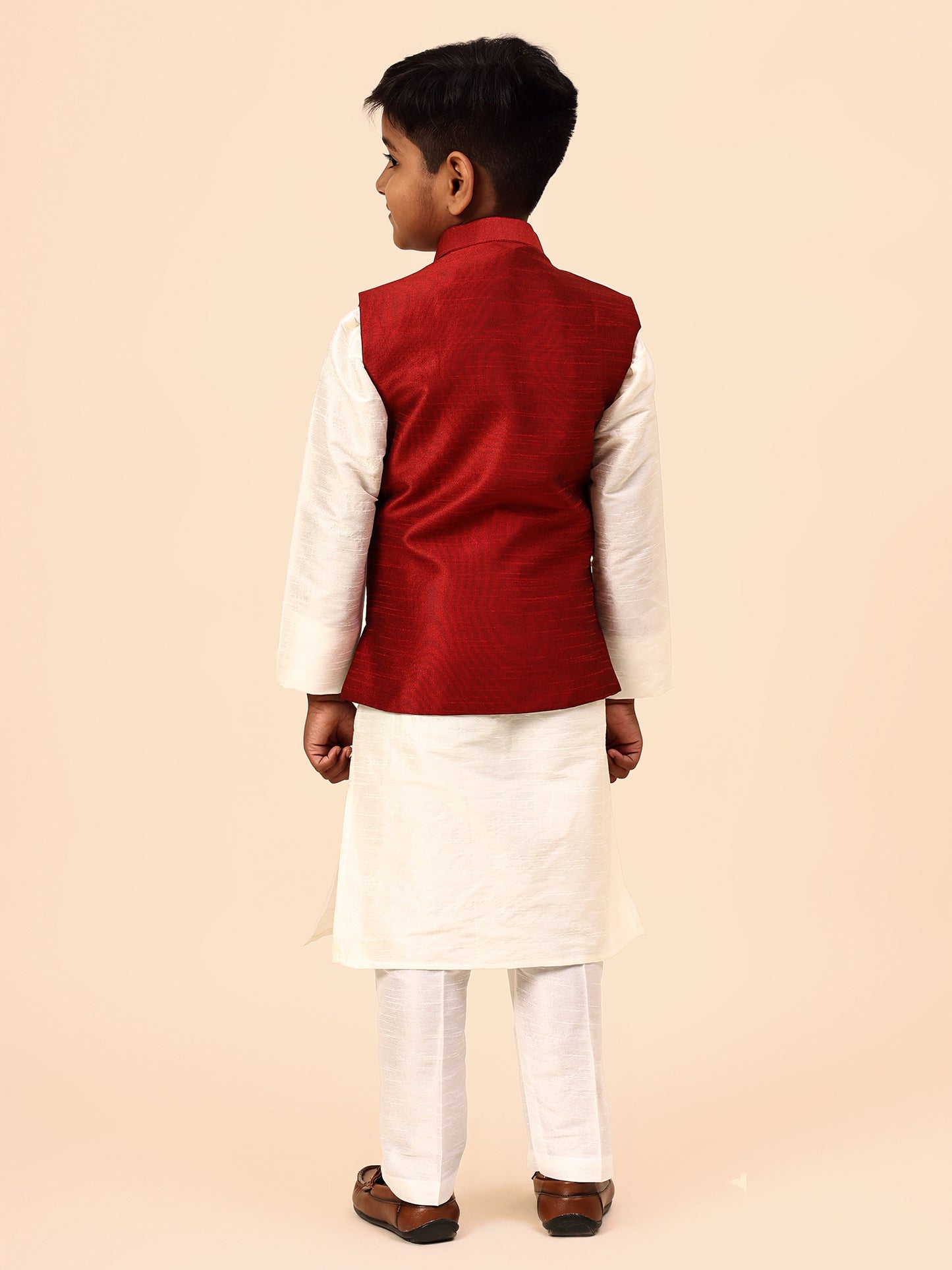 Karnam Junior - Boys Maroon Silk Jacket Set