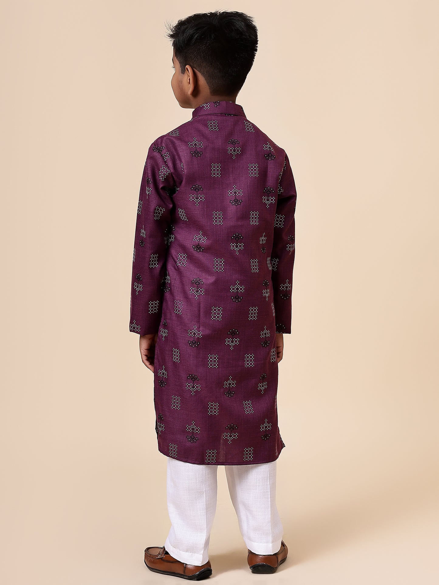 Karnam Junior - Boys Purple Square Printed Cotton Long Kurta Top