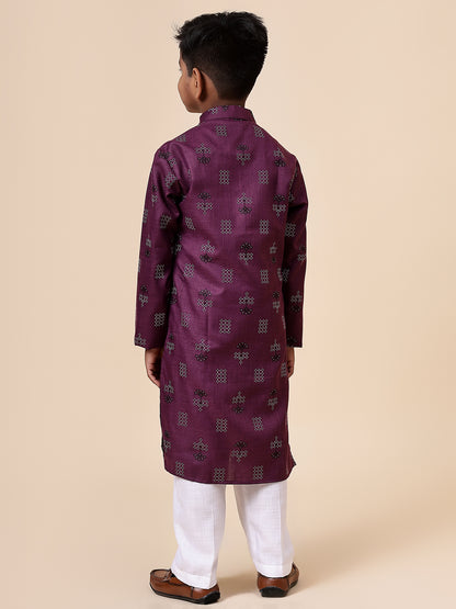 Karnam Junior - Boys Purple Square Printed Cotton Long Kurta Top